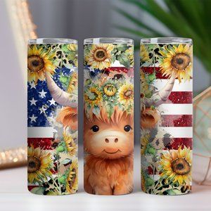 Baby Highland Cow American Flag Sunflower | 20oz Skinny Tumbler